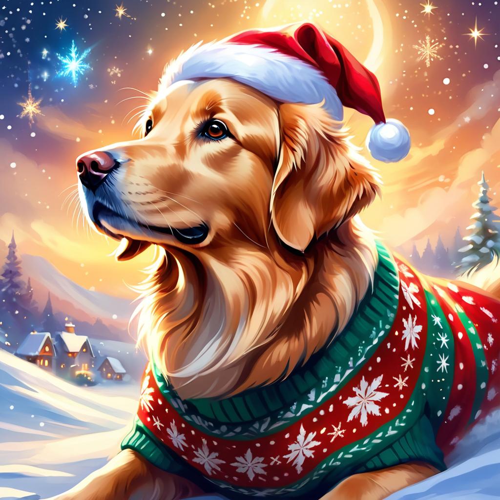 golden retriever in a christmas sweater and santa hat, ethereal and magical.