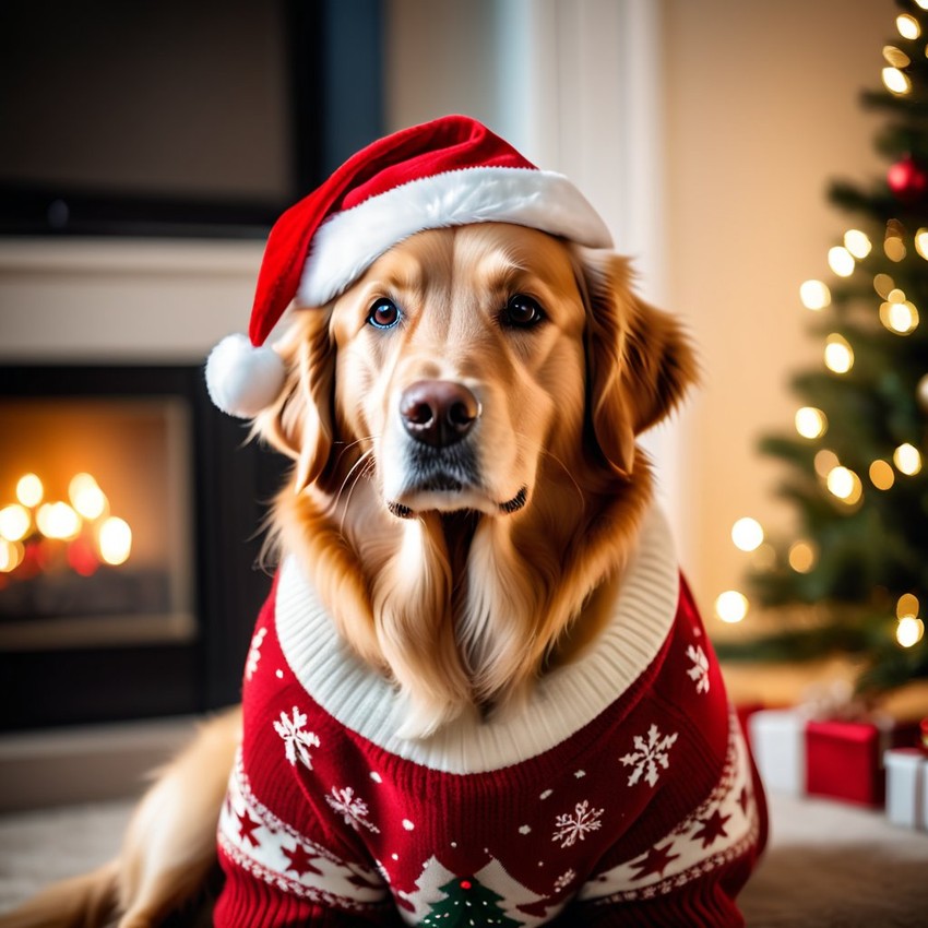 golden retriever in a christmas sweater and santa hat, festive and detailed.