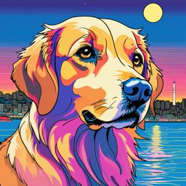 anime artwork of golden retriever in city pop style, retro vaporwave, night view, summer beach scene.