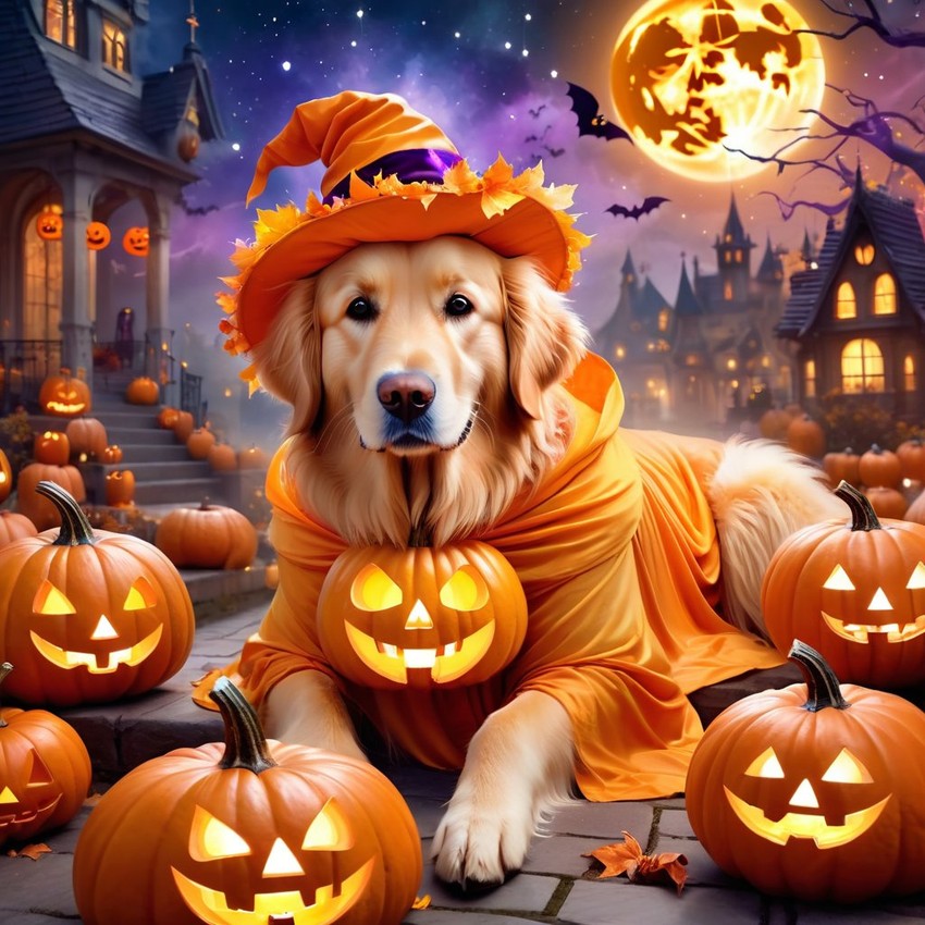 golden retriever in a halloween costume, with a magical and ethereal atmosphere surrounded by pumpkins.