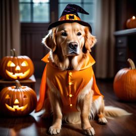 golden retriever in a halloween costume with pumpkins and eerie decorations, highlighting their festive spirit.