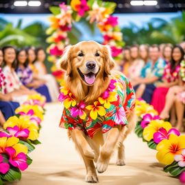 golden-retriever-hawaiian-shirt-floral-lei-catwalk-fa3998f62a7548fba8682025ff224e9a