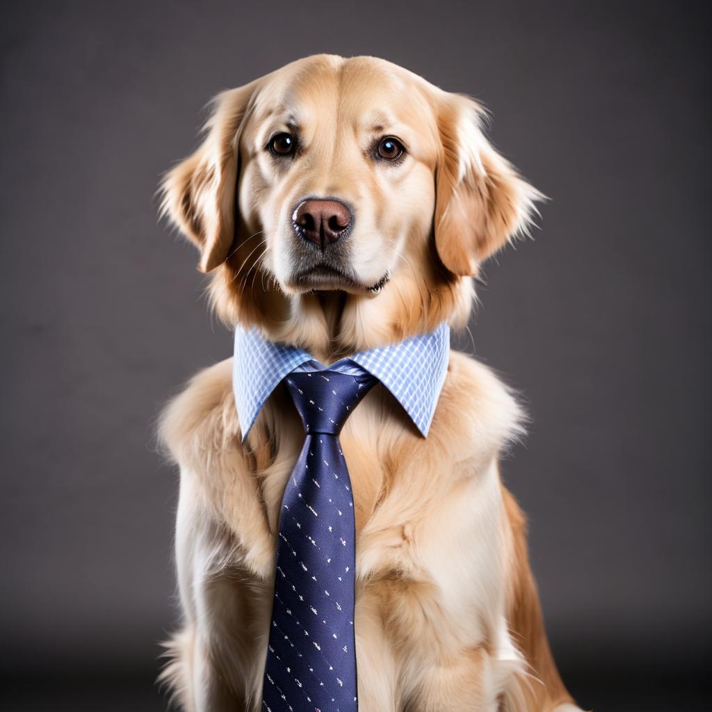 professional headshot of golden retriever wearing a shirt and tie for a cv or linkedin, studio photo.