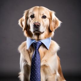 professional headshot of golden retriever wearing a shirt and tie for a cv or linkedin, studio photo.