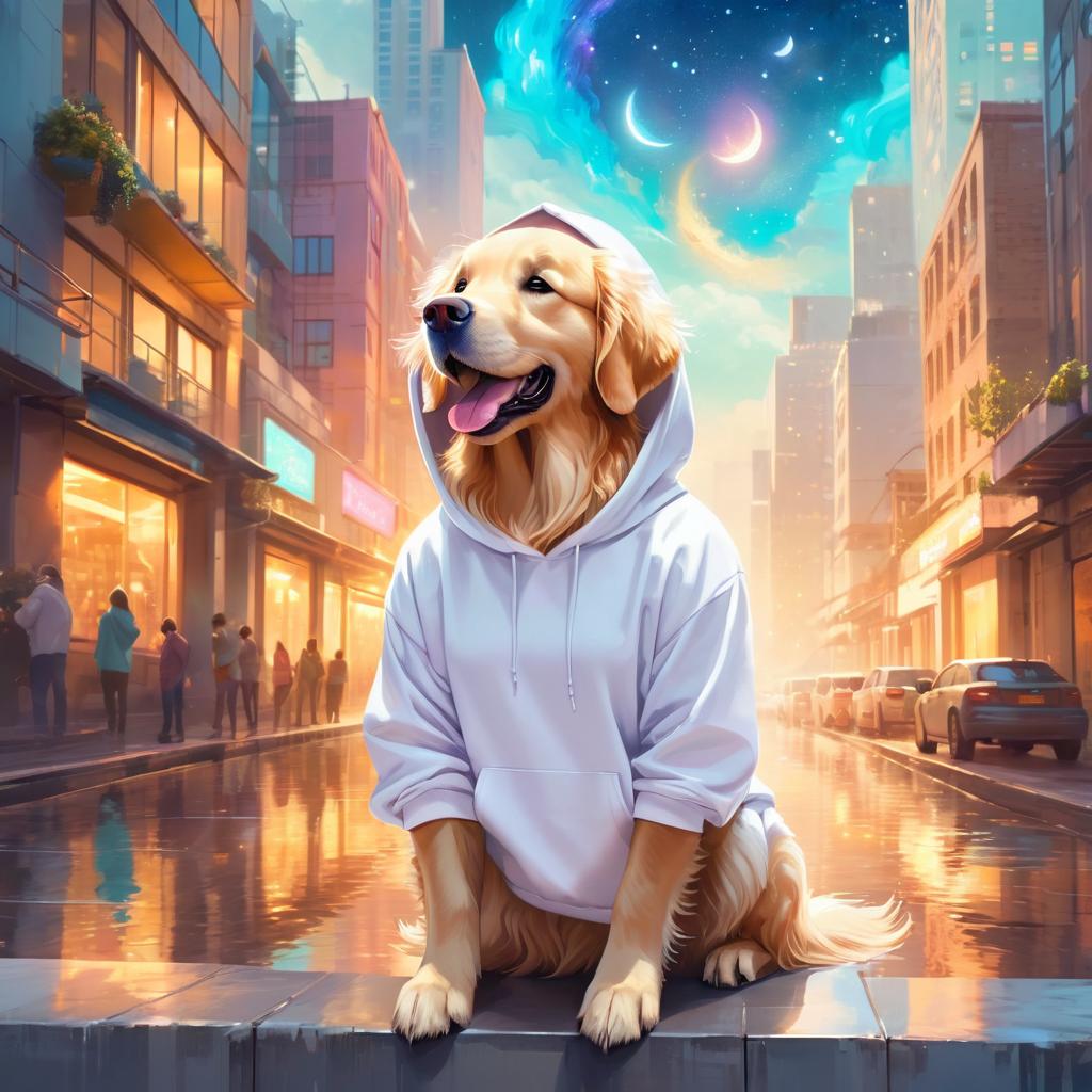 golden retriever in a white hoodie, featuring a magical and ethereal urban setting with a cute and happy vibe.