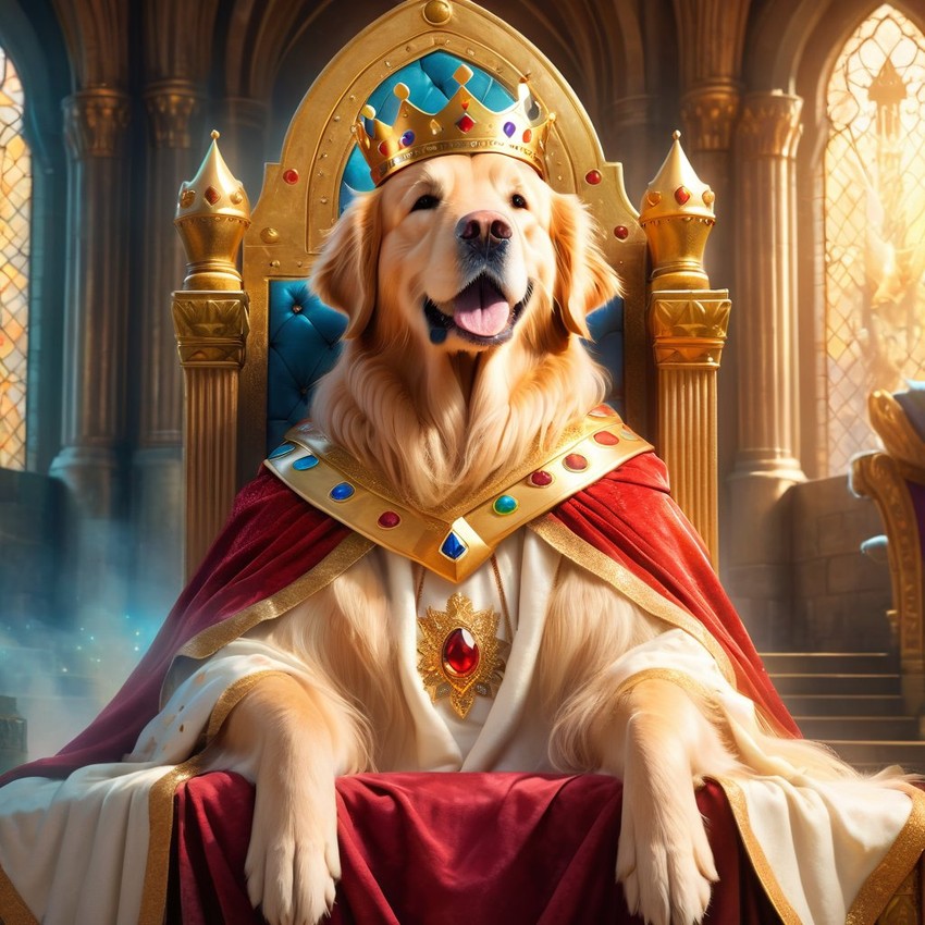 ethereal fantasy art of golden retriever as a king in a magical castle, wearing a crown and robe with a majestic, painterly style.