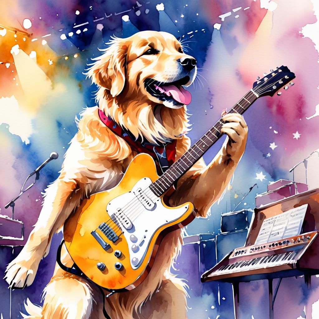 golden retriever as a musician in a watercolor painting, playing guitar in a vibrant and detailed concert hall scene.