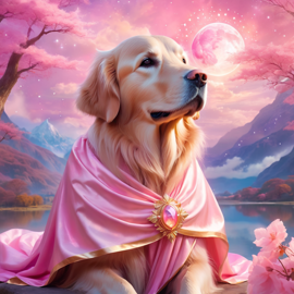 golden retriever in pink clothing, set in a beautiful pink scene with a dreamy, magical vibe.