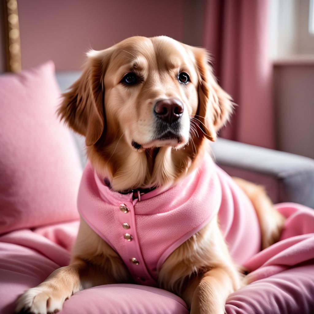 golden retriever dressed in pink clothing, in a beautiful pink scene, radiating joy and cuteness.