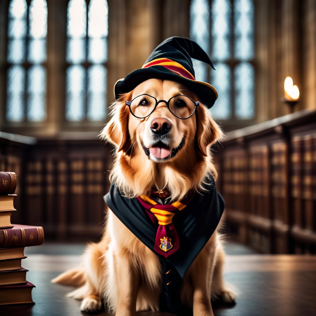 golden retriever as harry potter, with glasses and hogwarts setting, capturing the magical and epic essence.