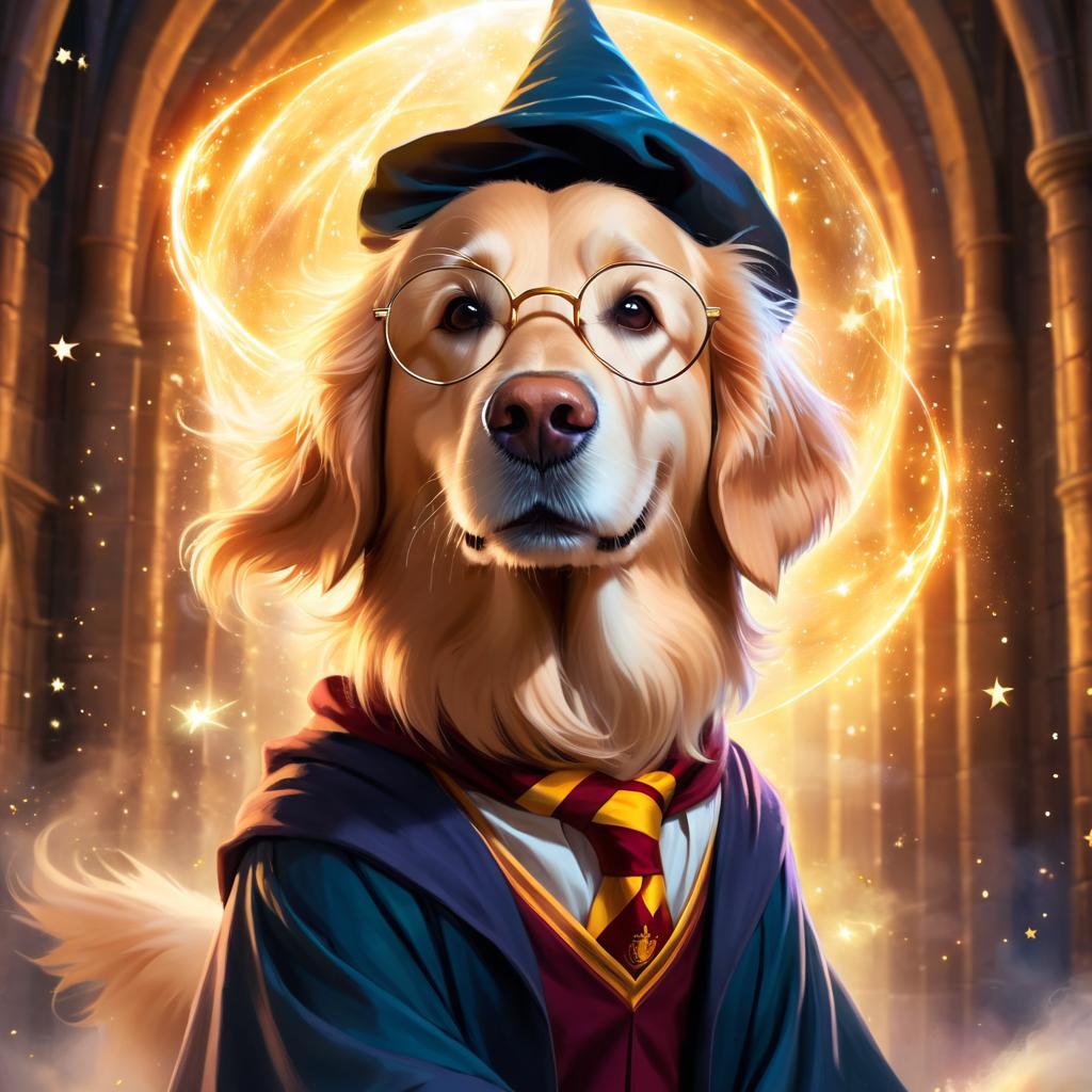 golden retriever as harry potter, with glasses and a magical hogwarts setting, evoking a celestial and epic feel.