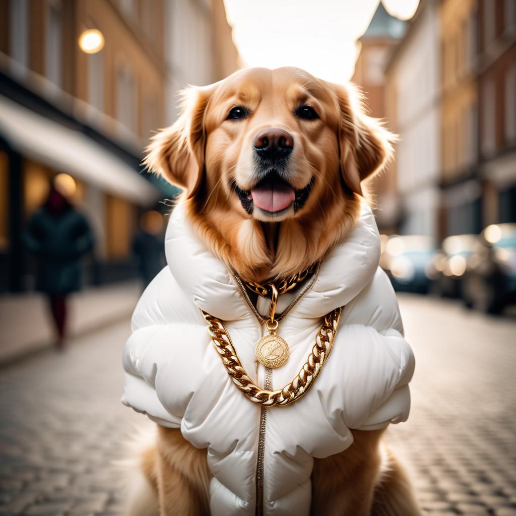 golden retriever in a large white puffer coat with golden hip hop chains, set in a posh urban environment.