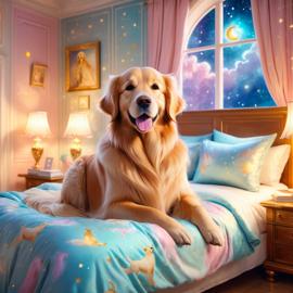 golden retriever in cute pyjamas, relaxing in a posh bedroom, capturing an ethereal and happy moment.