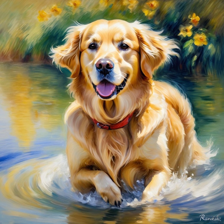 golden retriever in the style of renoir, showcasing classic artistic brush strokes and timeless elegance.