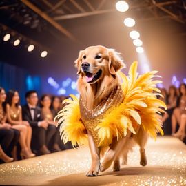 golden-retriever-sparkling-sequined-dress-feathered-boa-fashion-show-875b13012fe9427181ae06b8819078b3