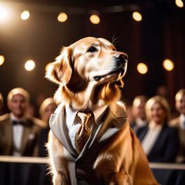 golden retriever in a classy suit on a fashion stage, showcasing elegance and charm in a highly detailed, epic scene.