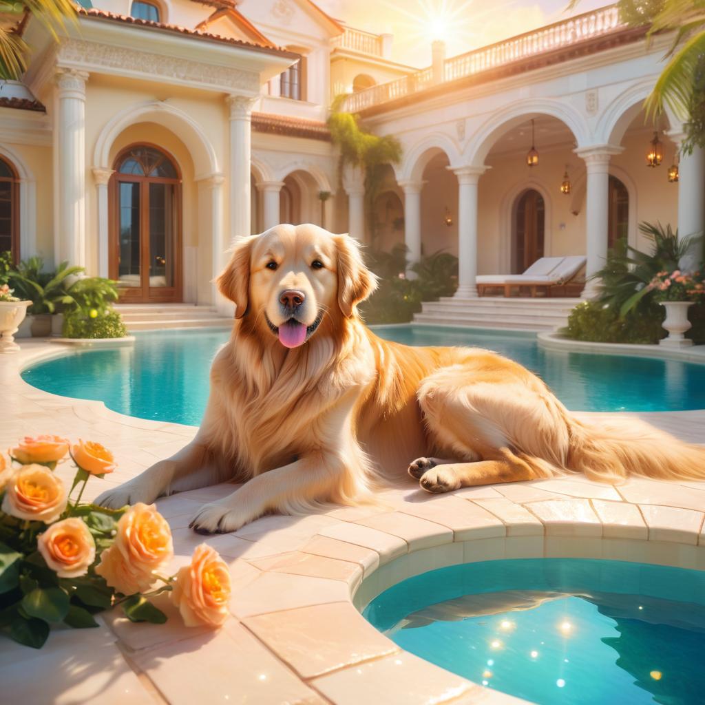 golden retriever suntanning next to a luxurious villa pool, capturing a posh and magical moment.