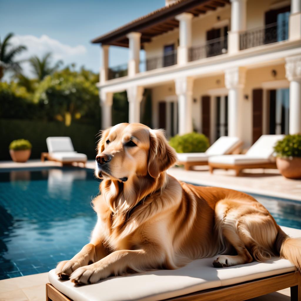 golden retriever suntanning next to a luxurious villa pool, capturing a posh and happy moment.