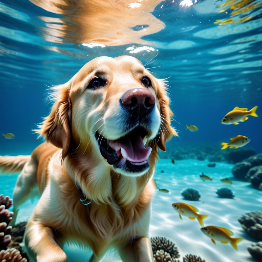 golden retriever swimming in a vibrant blue ocean with fish and coral reef, capturing a sunny and happy underwater scene.