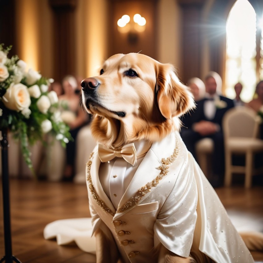 golden retriever in a beautiful wedding suit, capturing a cute and happy moment in a romantic environment.