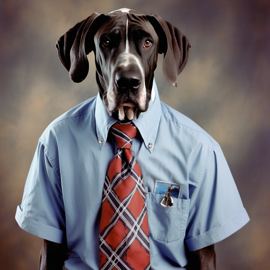 90s yearbook photo of great dane in a shirt and tie, full body, studio background.