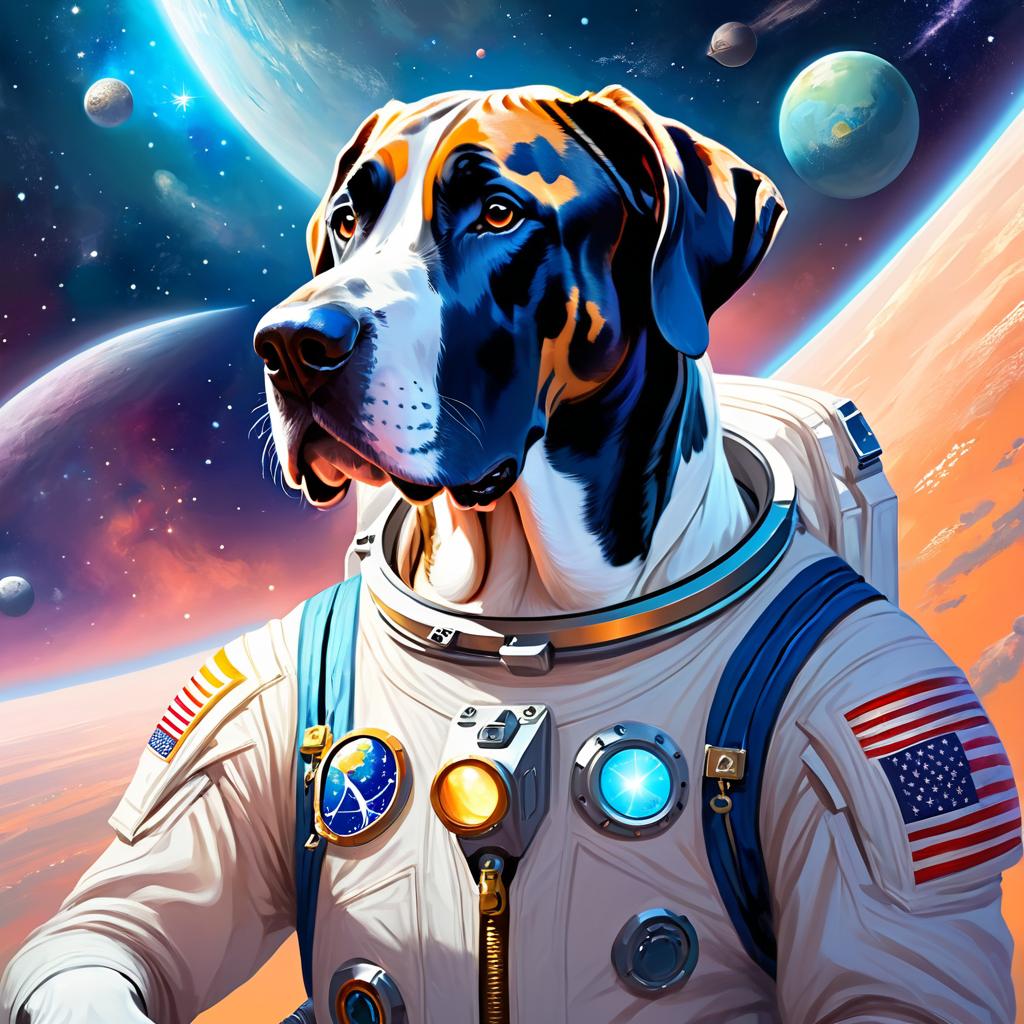 great dane as astronaut in space, ethereal and magical style, wearing spacesuit.