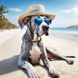 great dane on a beach with white sand and blue sea, wearing sunglasses and summer hat.