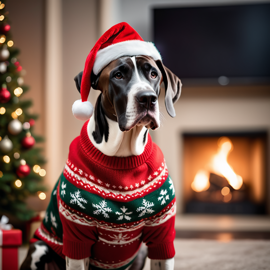 great dane in a christmas sweater and santa hat, festive and detailed.