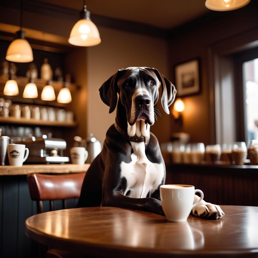 great dane sitting in a cozy coffee shop with a cup of coffee, detailed and vibrant.