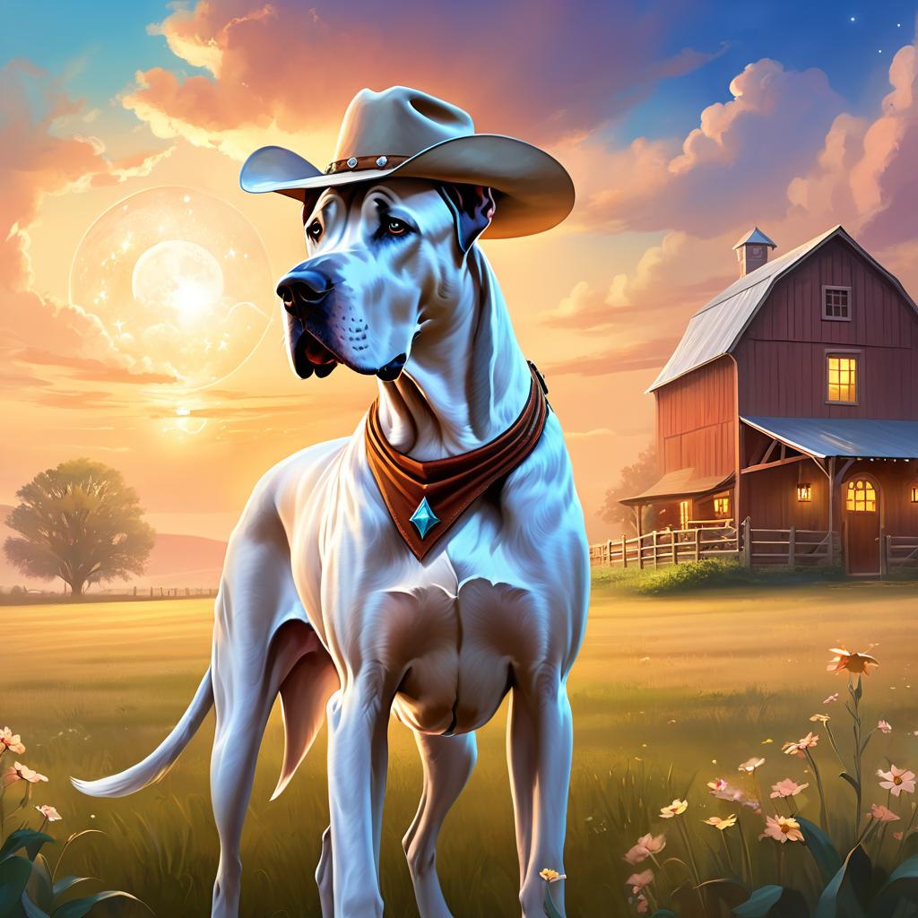 great dane as a cowboy wearing a hat, in the midwest countryside, on a farm.