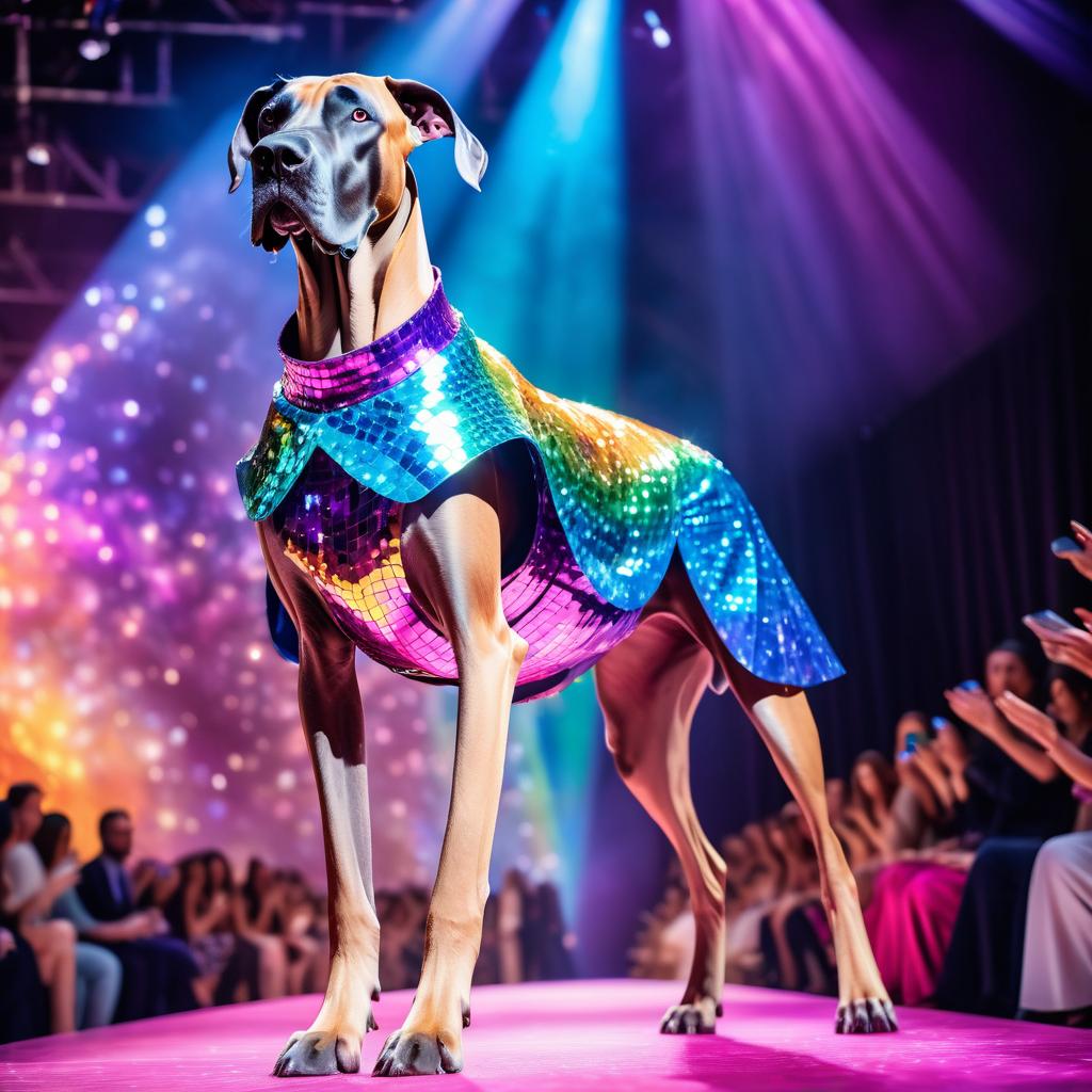 great dane strutting down the fashion show catwalk stage in an extravagant cosmic-themed outfit with iridescent fabrics, high energy and extravagant.