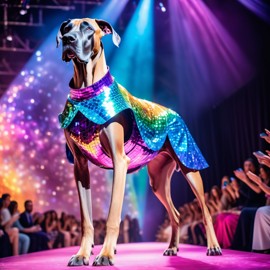 great dane strutting down the fashion show catwalk stage in an extravagant cosmic-themed outfit with iridescent fabrics, high energy and extravagant.