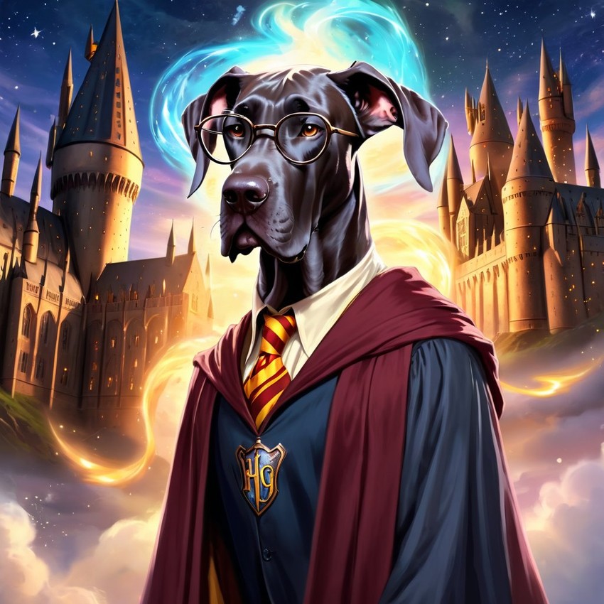 great dane as harry potter, with glasses and a magical hogwarts setting, evoking a celestial and epic feel.