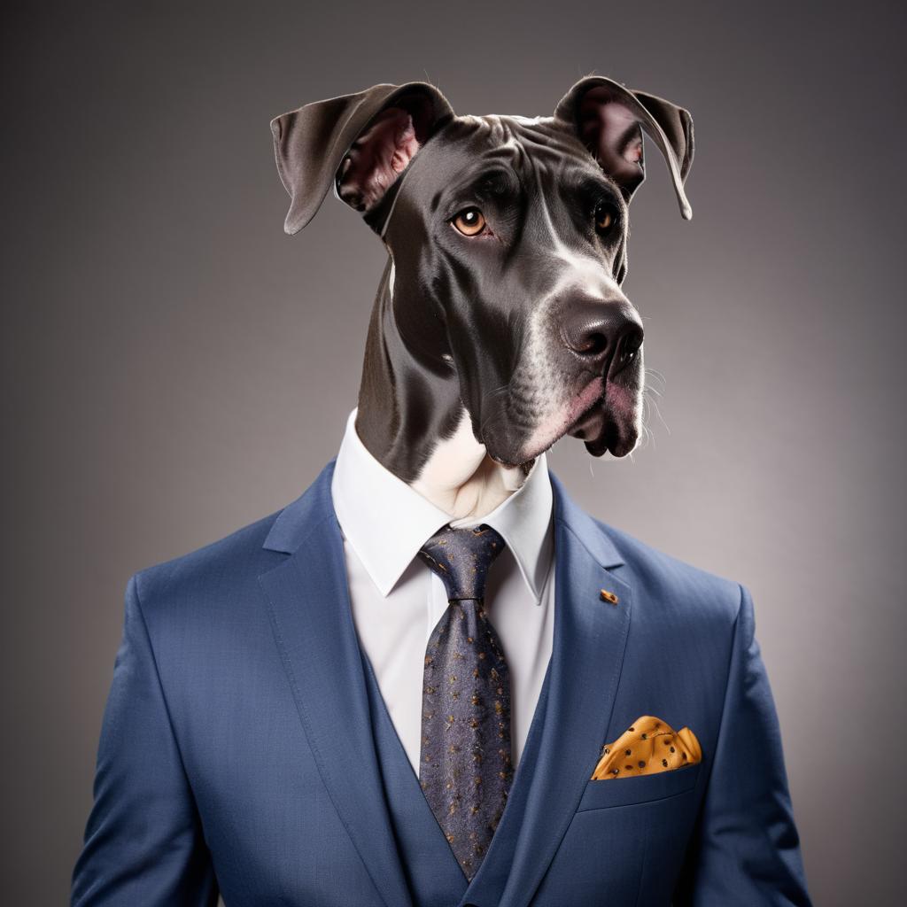 professional headshot of great dane wearing a stylish suit for a cv or linkedin, studio photo.