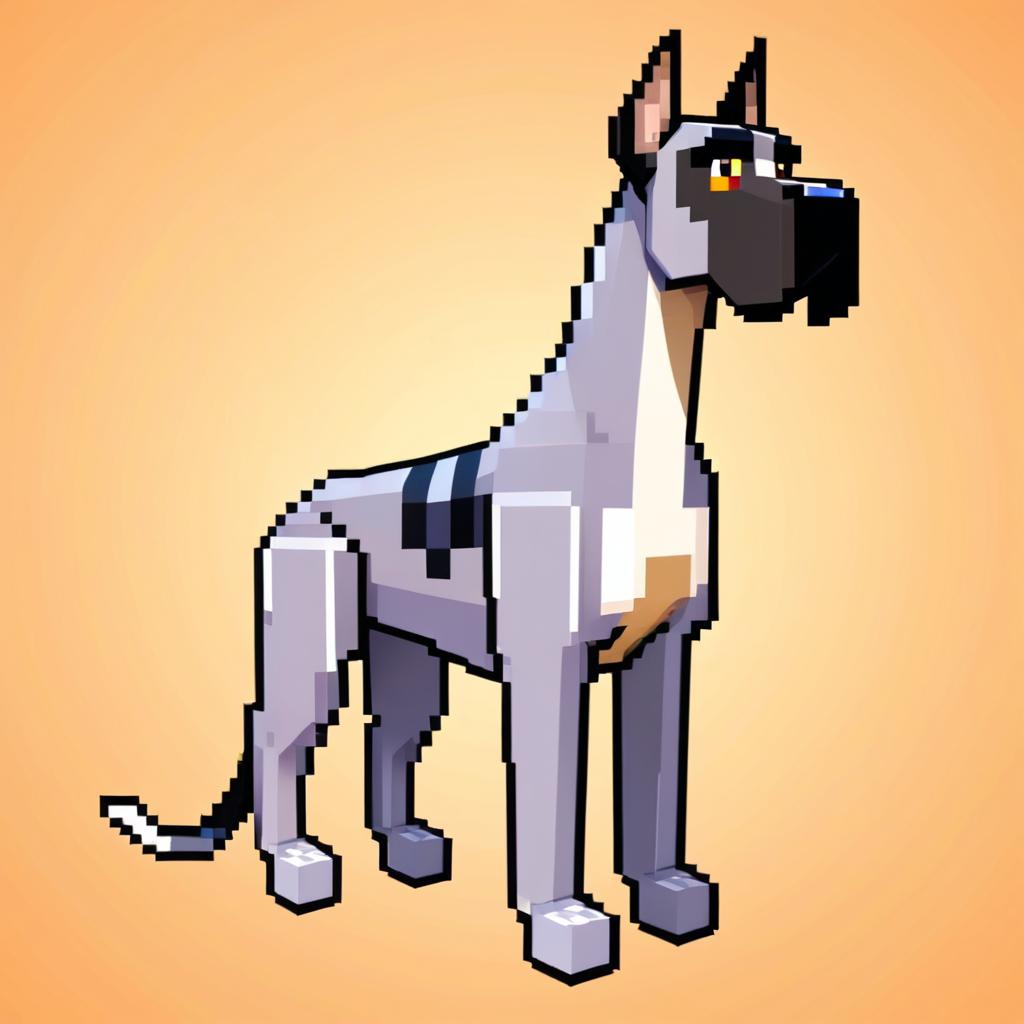 great dane as a minecraft character in pixel graphics, capturing the charm of the blocky minecraft universe.