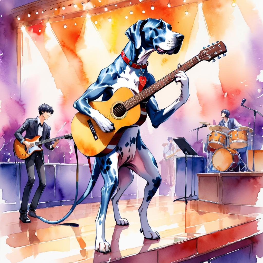 great dane as a musician in a watercolor painting, playing guitar in a vibrant and detailed concert hall scene.