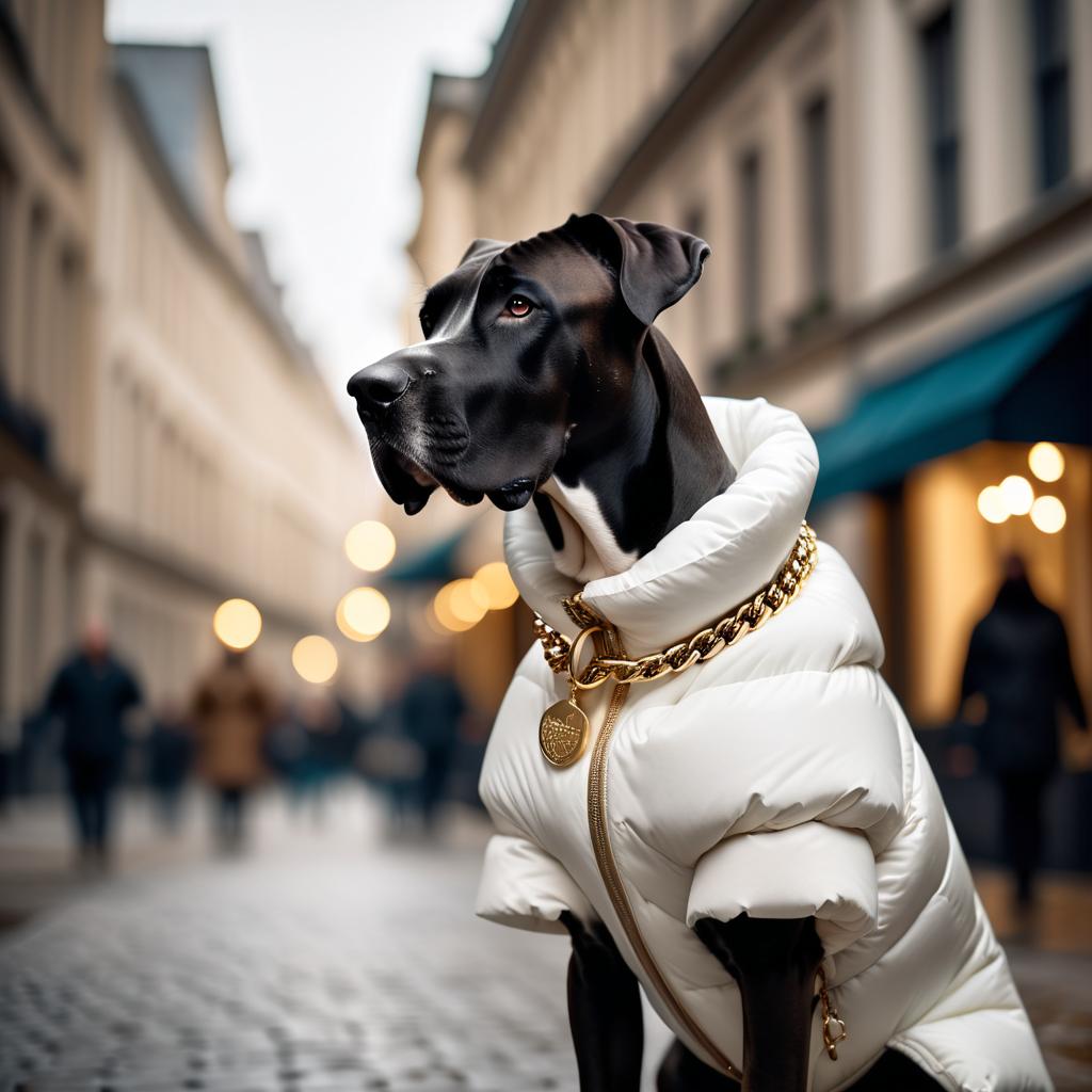 great dane in a large white puffer coat with golden hip hop chains, set in a posh urban environment.