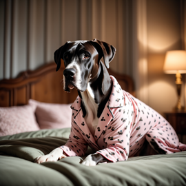 great dane in cute pyjamas, relaxing in a beautiful posh bedroom, highlighting happiness and coziness.