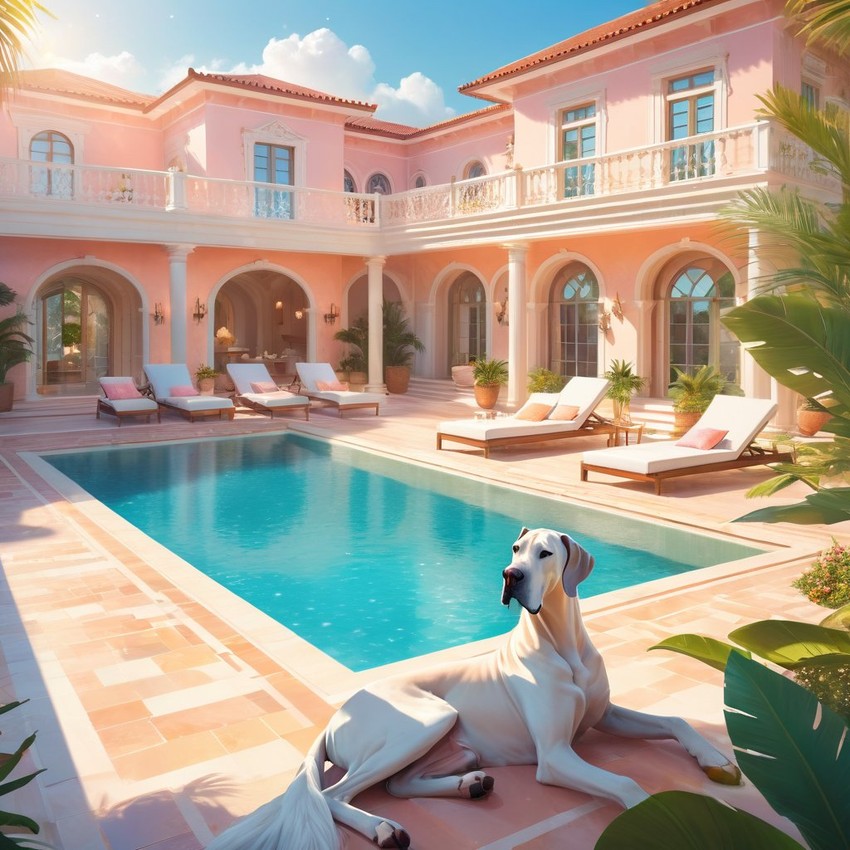 great dane suntanning next to a luxurious villa pool, capturing a posh and magical moment.