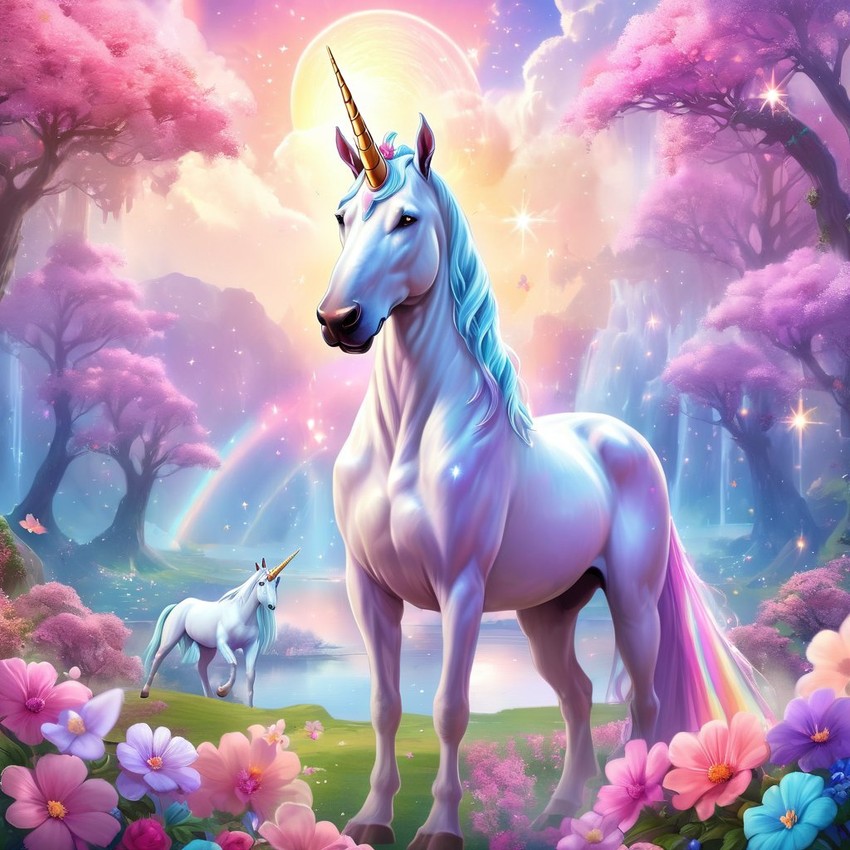 great dane as a unicorn in a magical fairytale environment, capturing an ethereal and majestic scene.