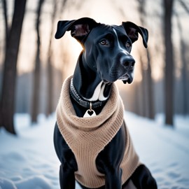 great dane in a beautiful winter scene, wearing stylish winter clothing, looking cute and happy.