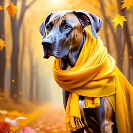 great dane in a yellow scarf, ethereal and magical style.