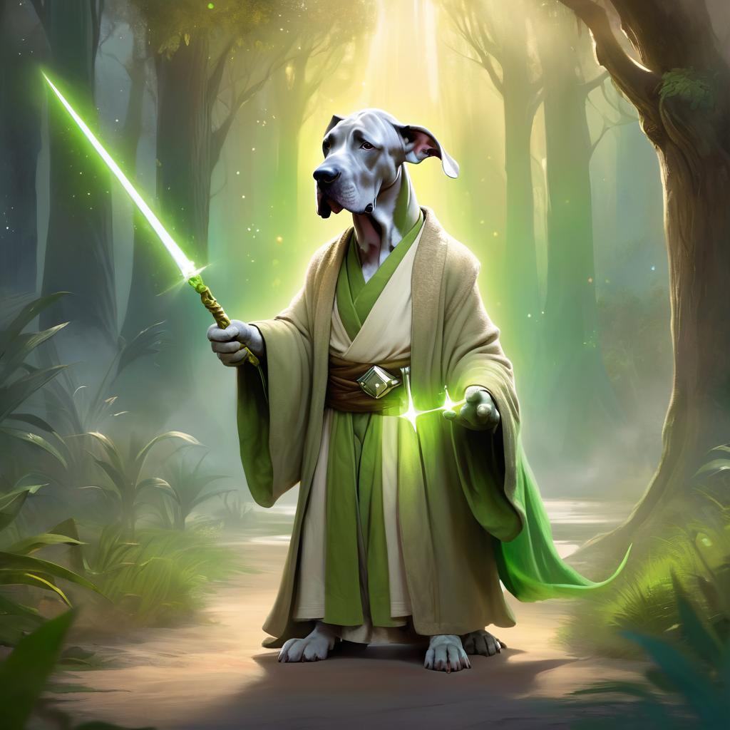 great dane as yoda from star wars, holding a green lightsaber in a cinematic star wars scene.