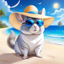 standard grey chinchilla on a beach with white sand and blue sea, wearing sunglasses and summer hat.