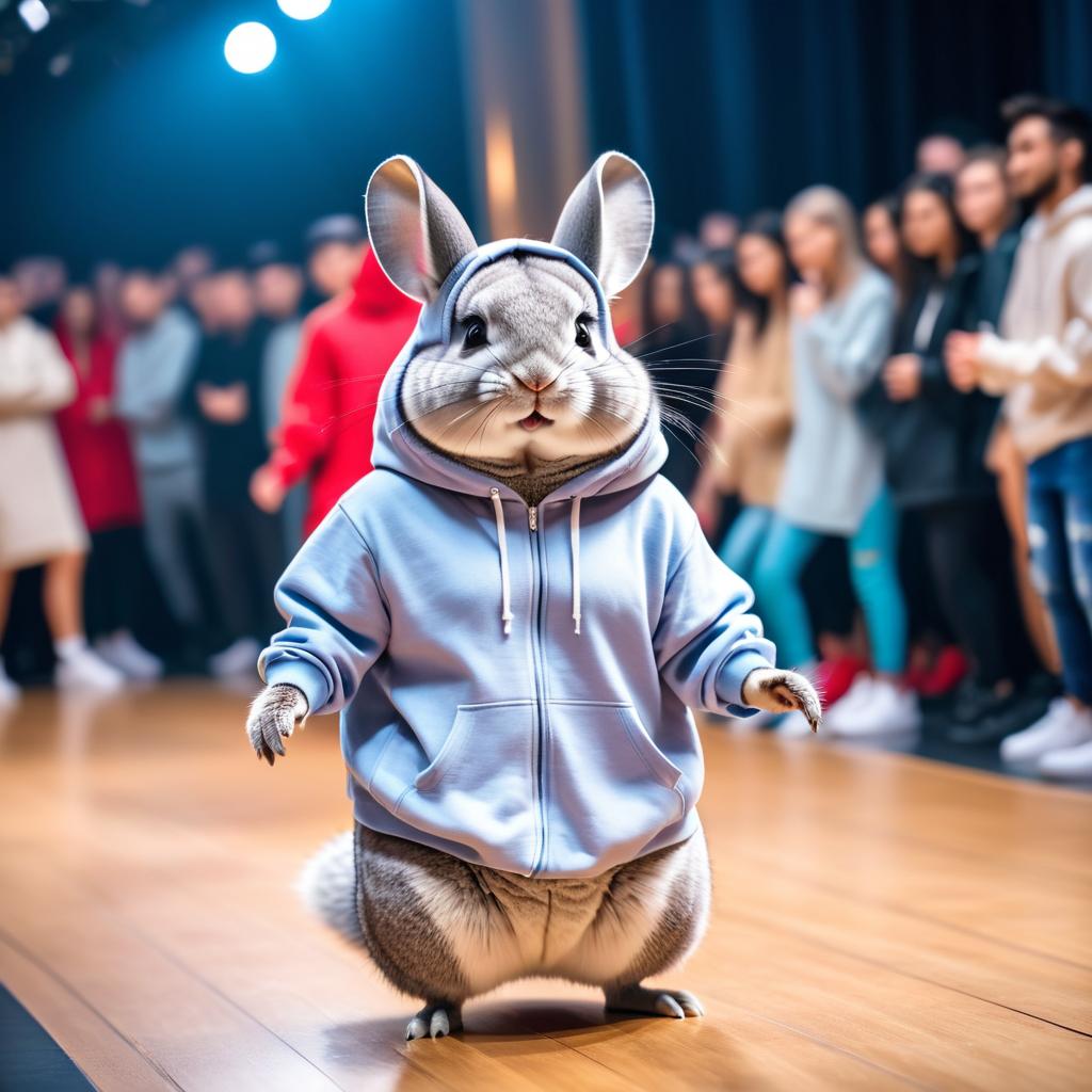 standard grey chinchilla strutting down the fashion show catwalk stage in trendy streetwear including a cool hoodie and sneakers, high energy and trendy.