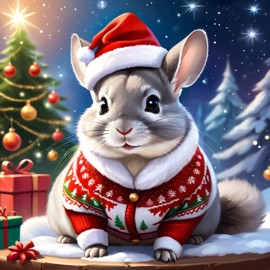 standard grey chinchilla in a christmas sweater and santa hat, ethereal and magical.