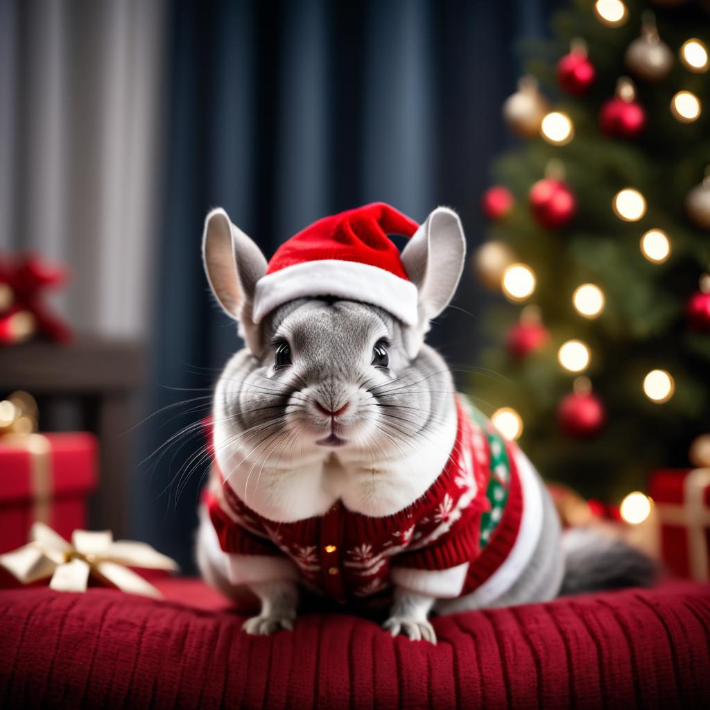 grey chinchilla in a christmas sweater and santa hat, festive and detailed.