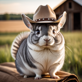 grey chinchilla as a cowboy wearing a hat, in the midwest countryside, on a farm.