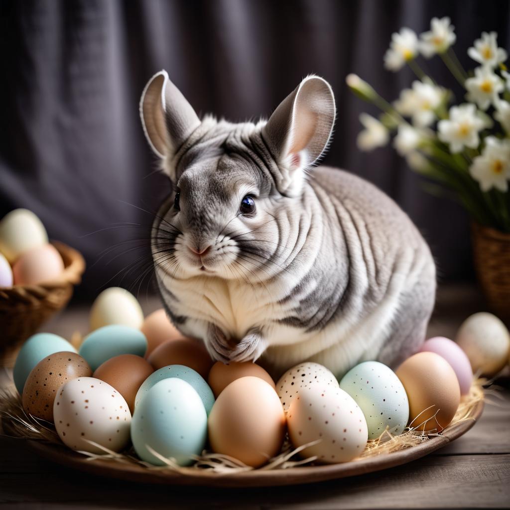 grey chinchilla in a beautiful easter setting with colorful eggs, highly detailed and charming.