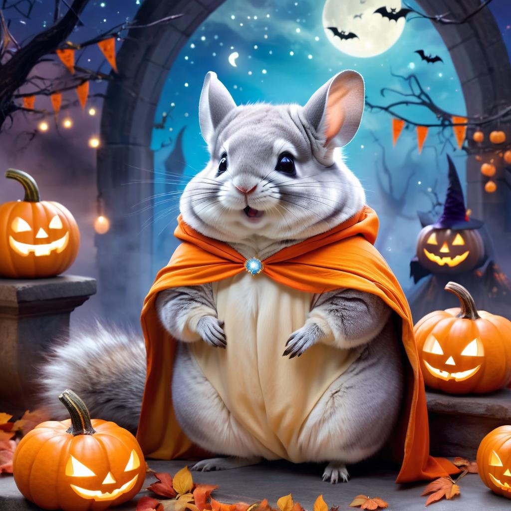 standard grey chinchilla in a halloween costume, with a magical and ethereal atmosphere surrounded by pumpkins.